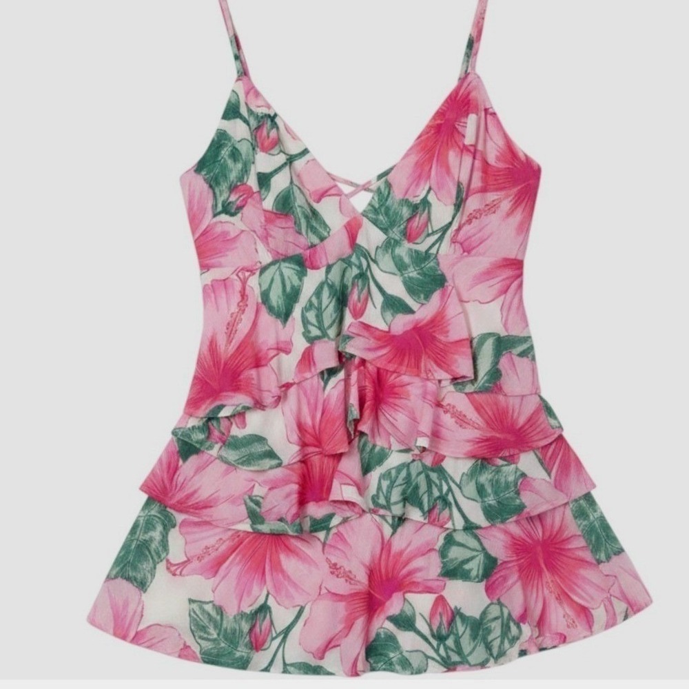 Hollister Pink Floral Tiered Ruffle Mini Dress Strappy‎ Lace Up Back Size L